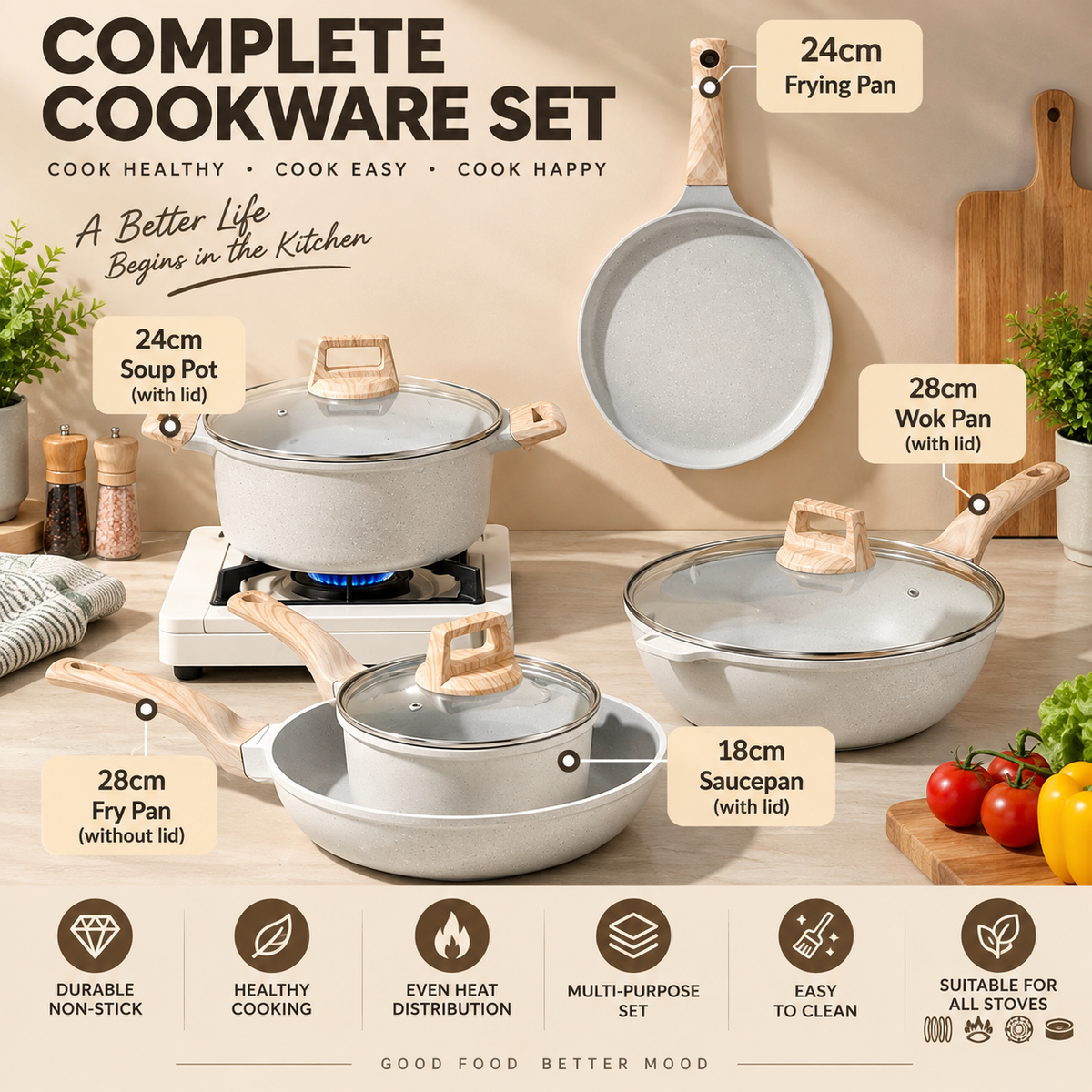 5pcs Maifan Stone Non-Stick Cookware Set - PRE-ORDER